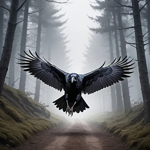 Prompt: illustration a single raven flying toward the viewer on a trail, ominous and foreboding, suitable for branding, high-quality, visually striking