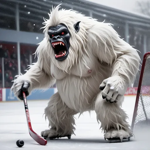 Prompt: Un Yeti dans une tempete de neige qui tient dans sa main gauche un baton de hockey et qui vient de mettre knockout un cochon devant lui.