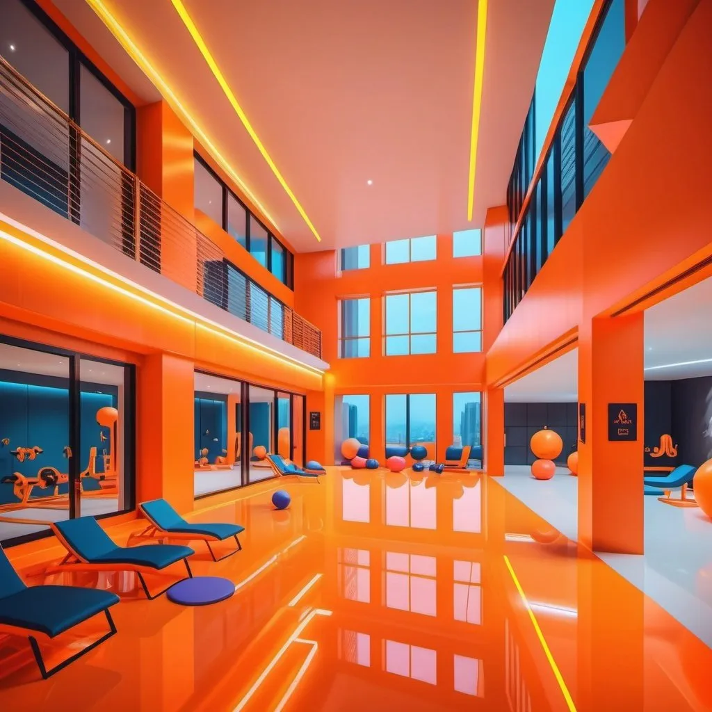 Prompt: luxury fitness center, 4 floors, crowded fitness center, neon orange theme