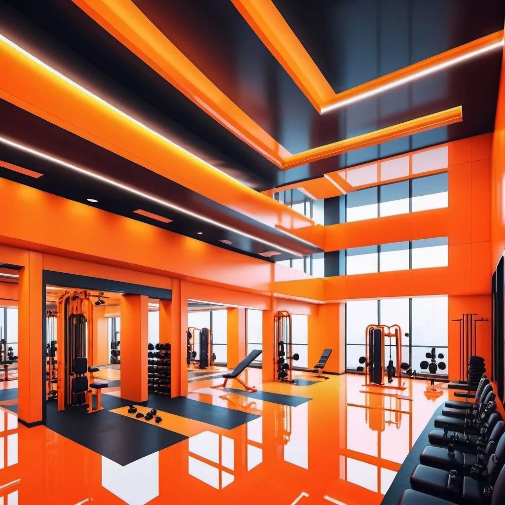 Prompt: luxury fitness center, 4 floors, crowded fitness center, neon orange theme