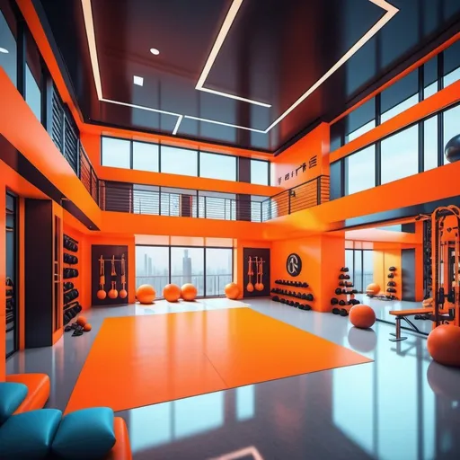Prompt: luxury fitness center, 4 floors, crowded fitness center, neon orange theme