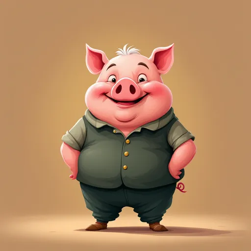 Prompt: Jolly older father pig personification), happy smile, chubby cheeks, warm color palette, flat cartoon style, vector art, whimsical aesthetic, friendly expression, standing proudly, medium shot, high-quality vector illustration. Children's book