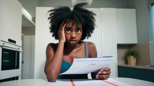 Prompt: wide angle shot young dark skinned lady looking at a calendar with a worried expression