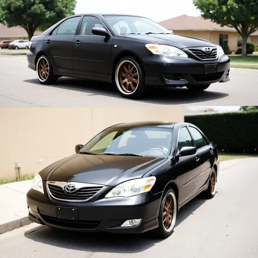 Prompt: a 2005 toyota camry, matte black colored, tinted windows, spoiler on the back, bronze colored hubcaps, lowered suspension, big wheels, tinted head lights and rear lights, basically as black as possible