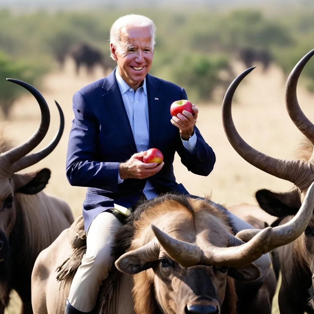 Prompt: Joe Biden Eating an Apple while riding a wildebeest