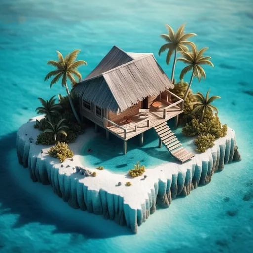 Prompt: miniature isometric world render, a hut surrounded by clear water, bahamas, on a table