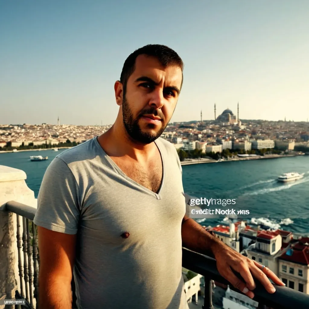 Prompt: 30 years old, thin to thick, bearded. A mature, short, highly detailed, clear and realistic man on a magnificent balcony overlooking the city of Istanbul