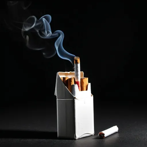 Prompt: One single Cigarette in a big cigarette pack without a brand and black background 