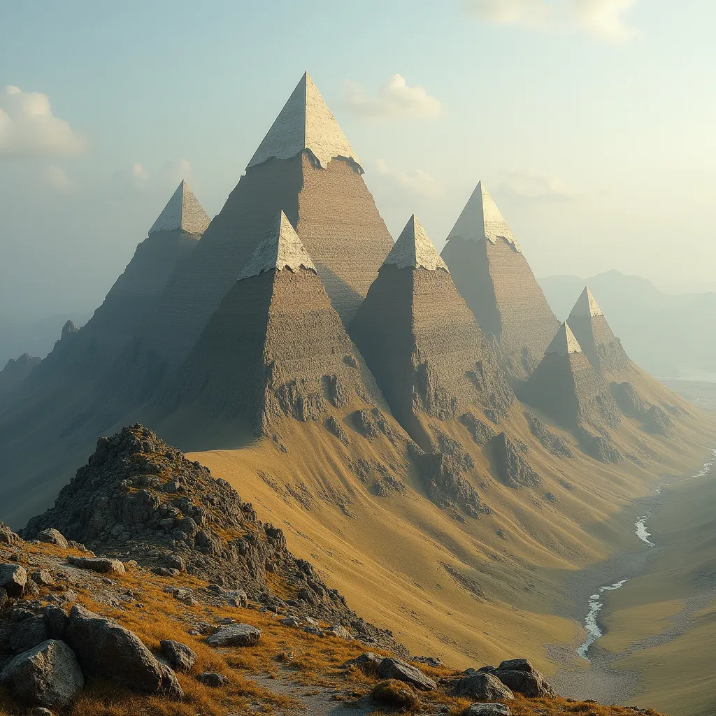 Prompt: A mountain range  made up out of pyramids 