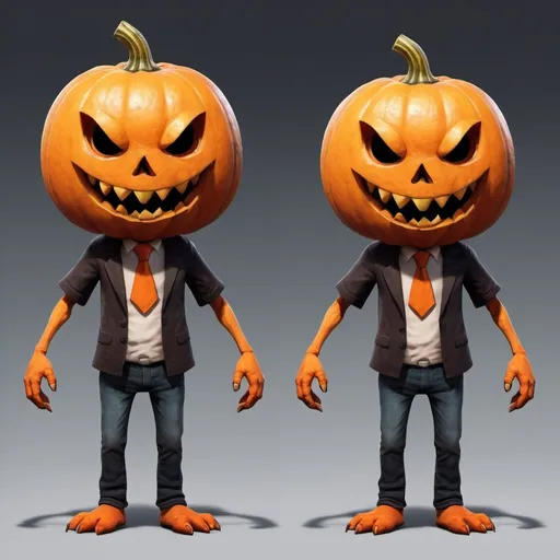 Prompt: a character for a Unity game for kids with just two views one front view and one side view. The character should be a fictional combination of a human, Halloween pumpkin head and animal, with a terrifying and gruesome appearance. It should have three-fingered hands and a large stomach