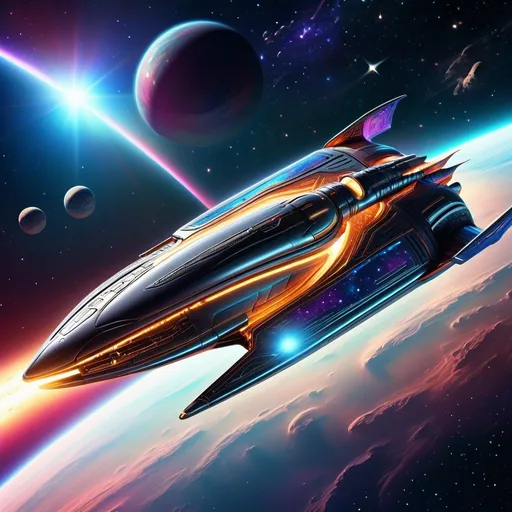 Prompt: Sleek spaceship soaring through space, metallic surface with intricate details, futuristic sci-fi rendering, vibrant cosmic colors, glowing propulsion system, vast starry background, highres, ultra-detailed, realism, futuristic, vibrant colors, cosmic, sleek design, professional, atmospheric lighting