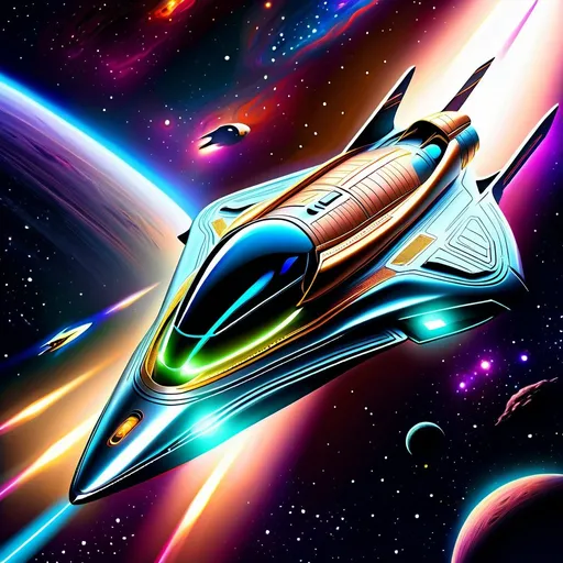 Prompt: Sleek spaceship soaring through space, metallic surface with intricate details, futuristic sci-fi rendering, vibrant cosmic colors, glowing propulsion system, vast starry background, highres, ultra-detailed, realism, futuristic, vibrant colors, cosmic, sleek design, professional, atmospheric lighting