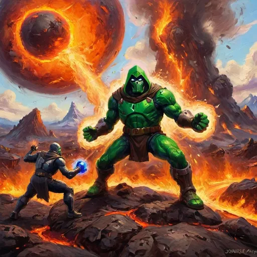 Prompt: jonse  fortnite fighting against doctor doom on a lava planet