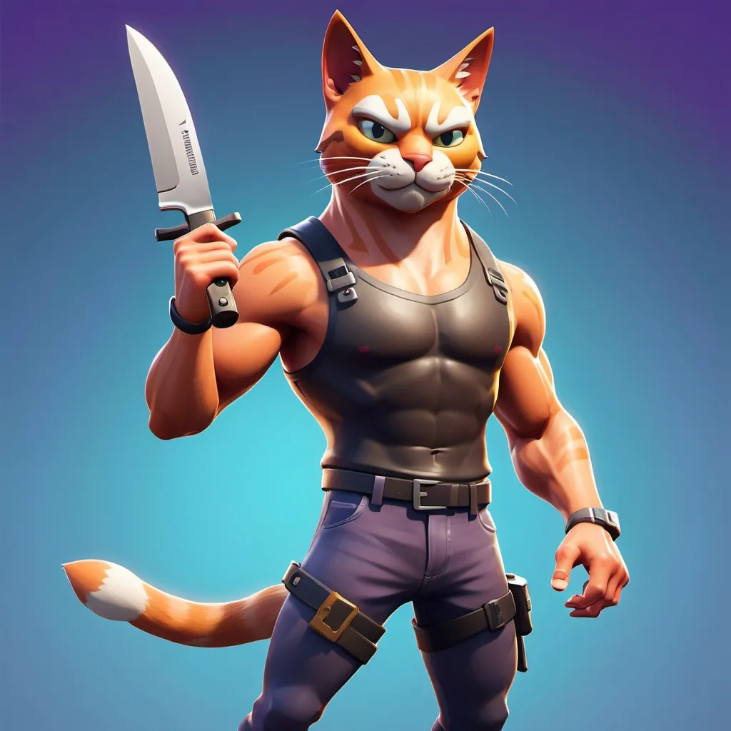 Prompt: generate a Fortnite cat  whith muscles holding a knife in his hand