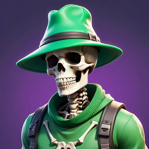 Prompt: a skeleton half human fortnite skin whith a cool hat green and a green sweater