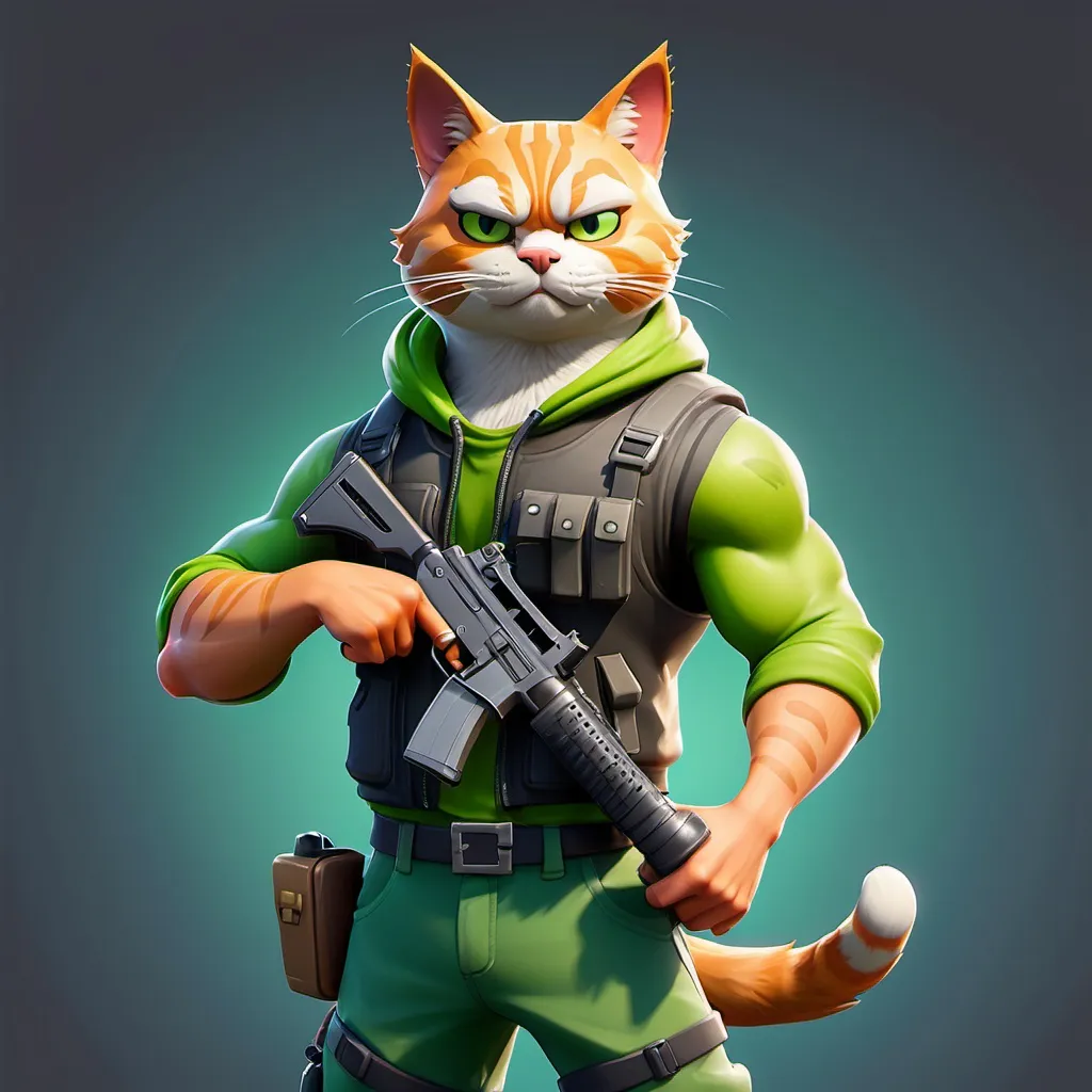 Prompt: generate a Fortnite cat  whith muscles with a green huddie and green trousers he is holding a pistol in his hand