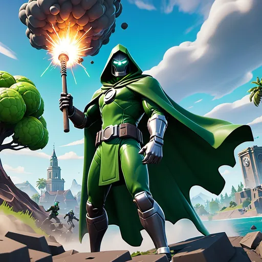 Prompt: fortnite doctor doom destroying an island