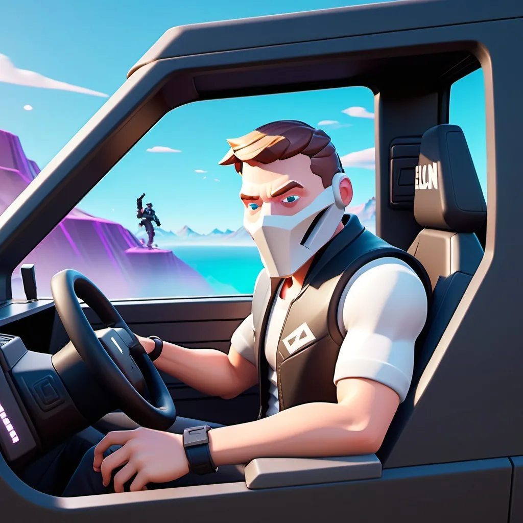 Prompt: genarate elon mask in fortnite driving a cybertruck. the cybertruck is white