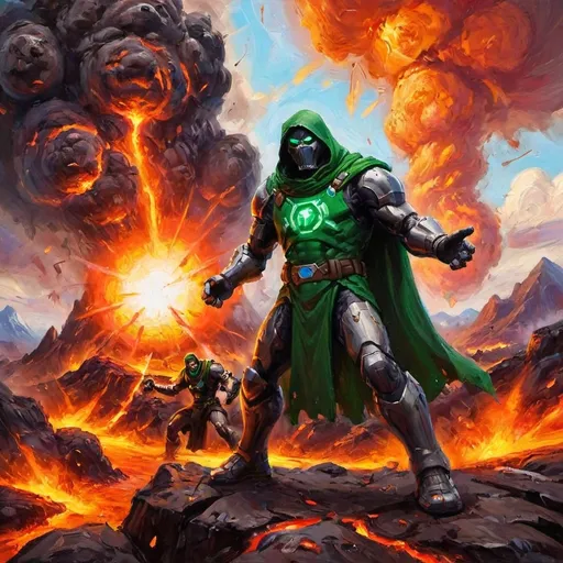 Prompt: jonse  fortnite fighting against doctor doom on a lava planet