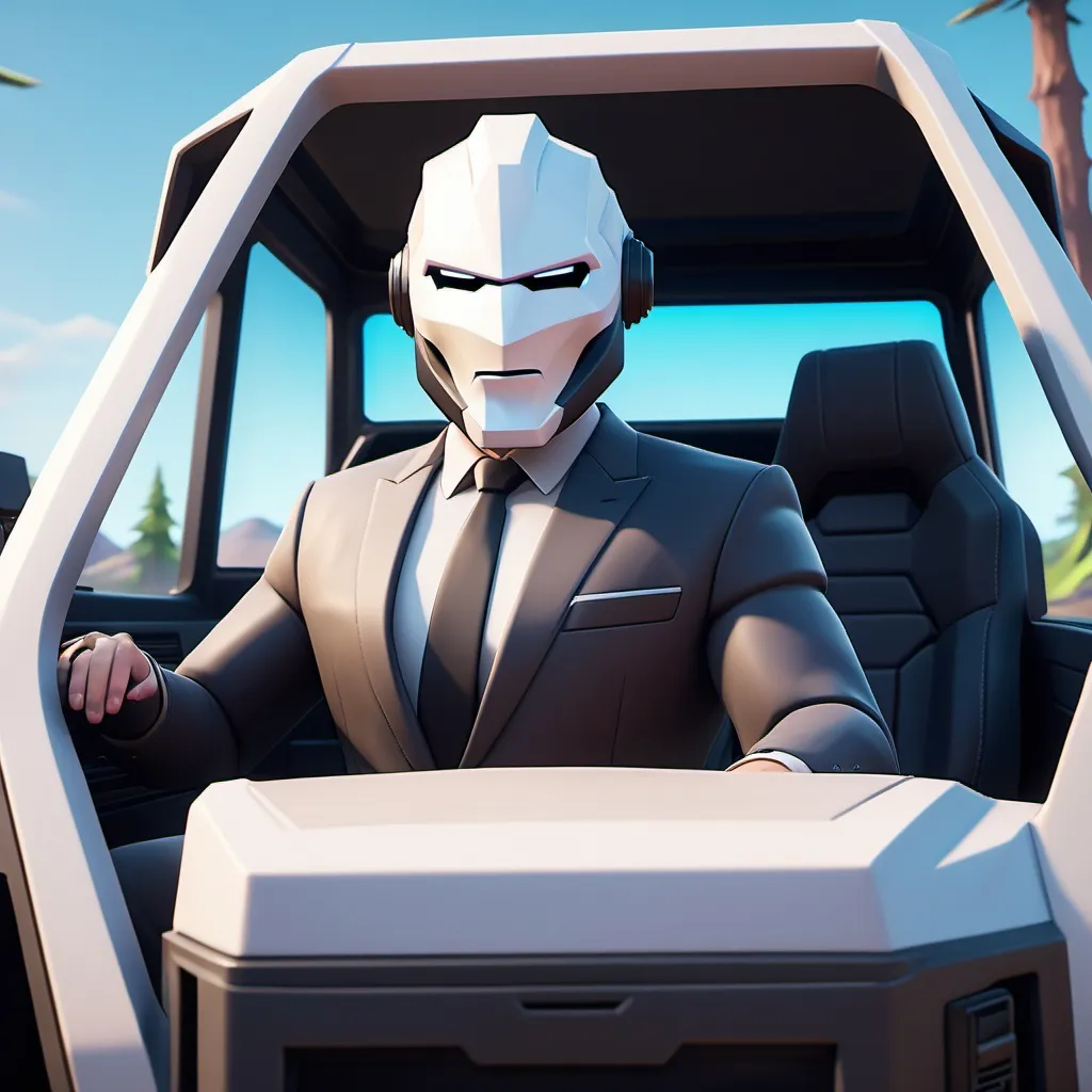 Prompt: genarate elon mask in fortnite driving a cybertruck. the cybertruck is white