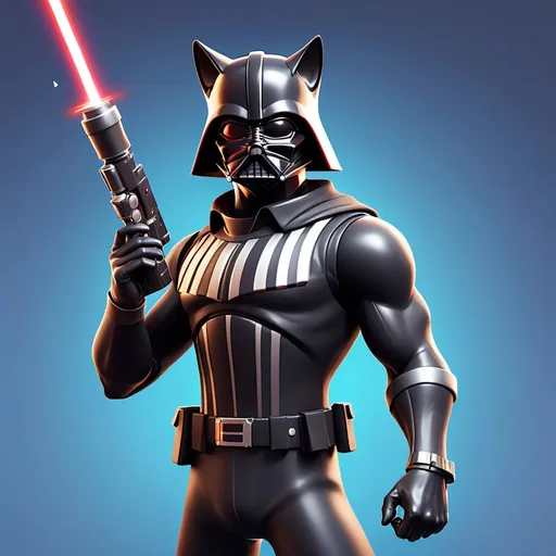 Prompt: generate a Fortnite cat agent with muscles shooting at fortnite Darth Vader