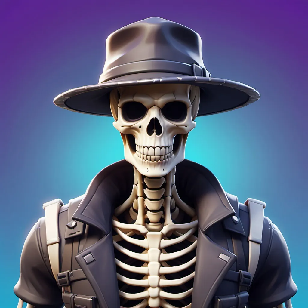 Prompt: a skeletonhalfhuman fortnite skin whith a cool hat