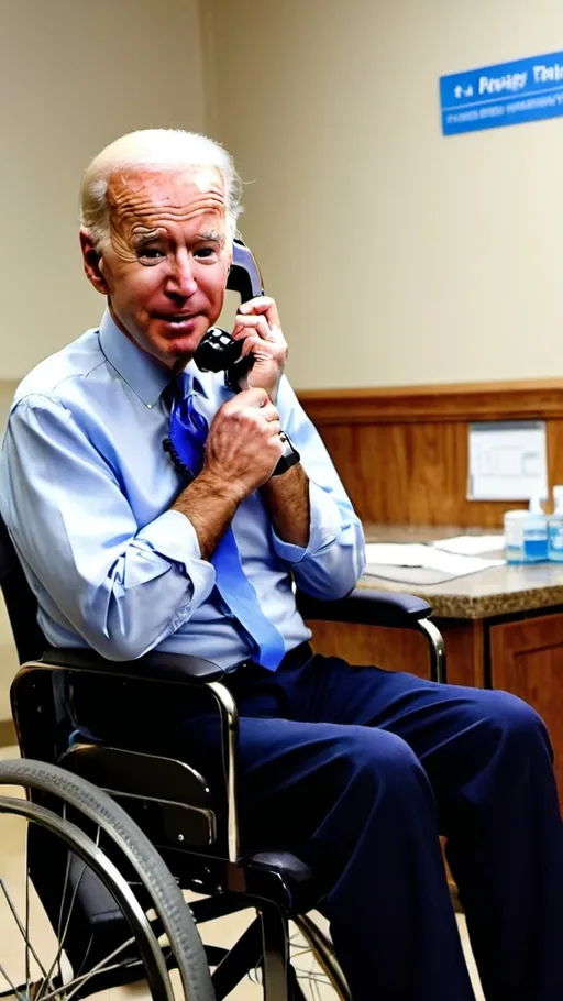 Prompt: joe biden as a patient on a wheel chair  talking to the phone