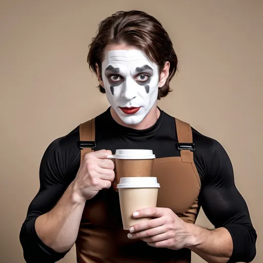 Prompt: a mime. Brown hair. Muscular. Holding coffee