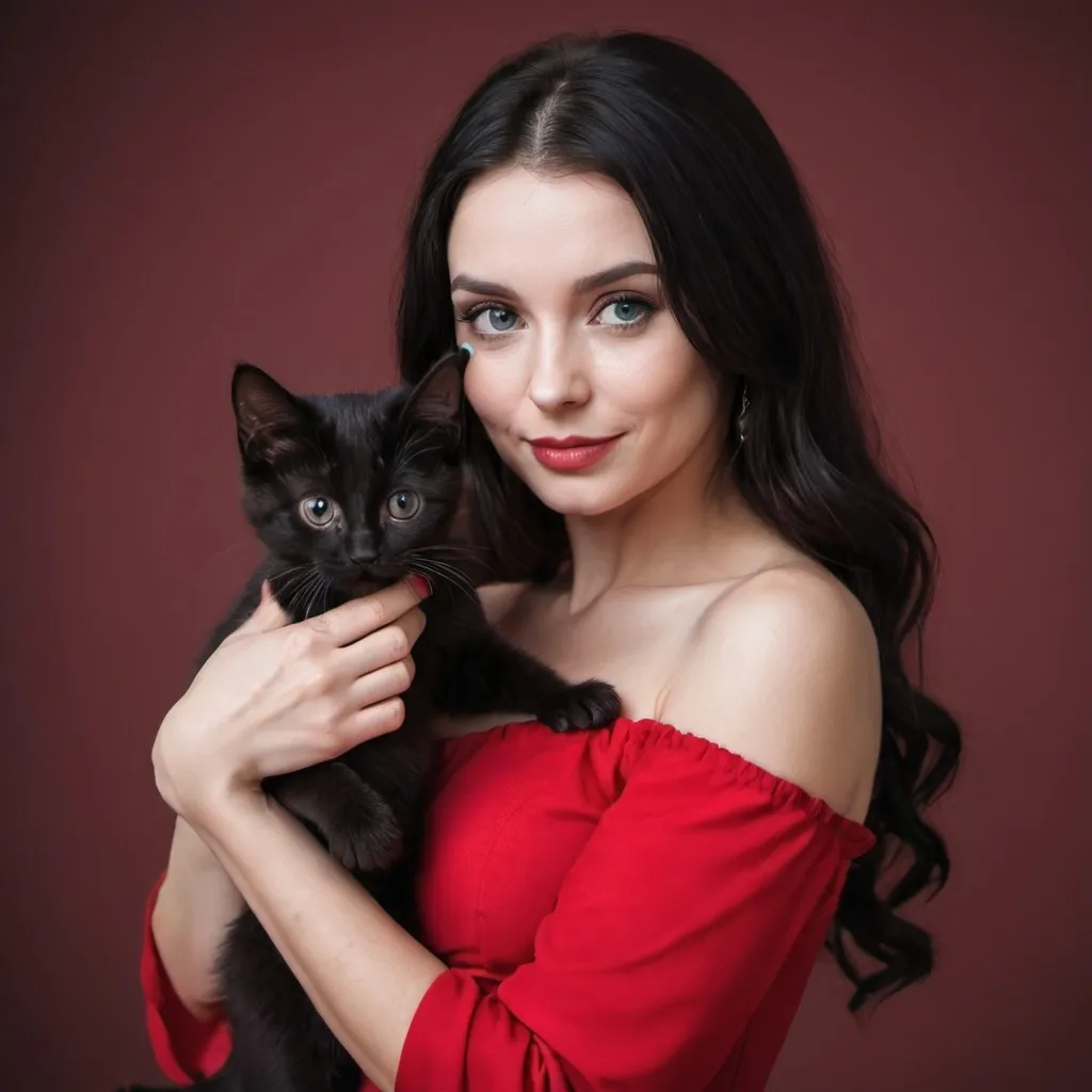 Prompt: A beautiful dark-haired woman with red dress holds a kitty in hands