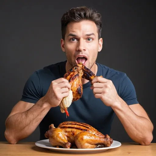 Prompt: Attractive man eating biggest grilled chicken 