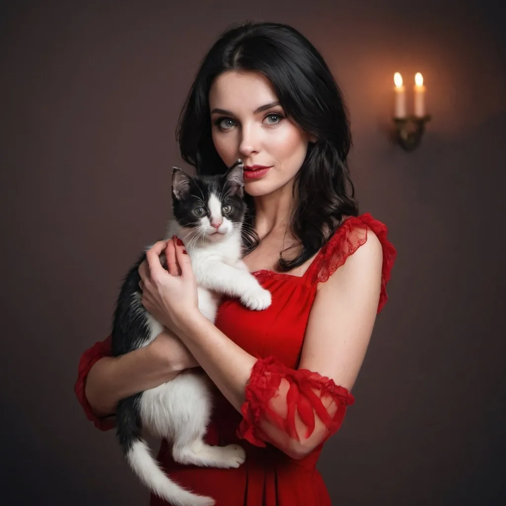 Prompt: A beautiful dark-haired woman with red dress holds a kitty in hands