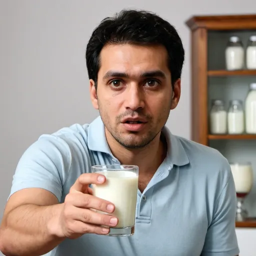 Prompt: A man asking for milk with empty glass in hand