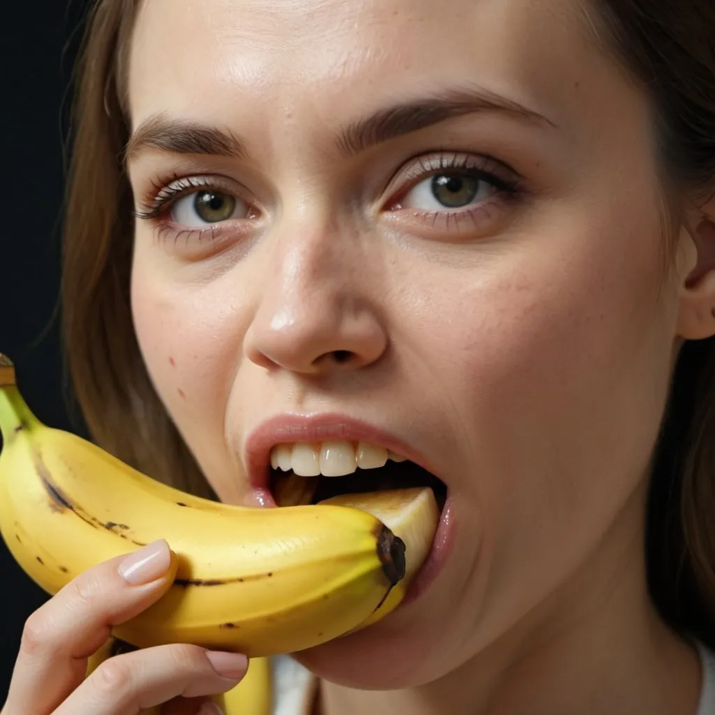 Prompt: woman eats half banana, 4k, UHD, realistic photo