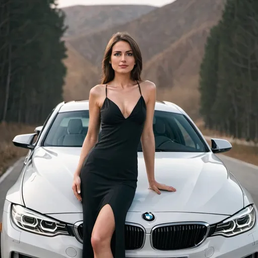 Prompt: A beautiful woman in front of BMW car