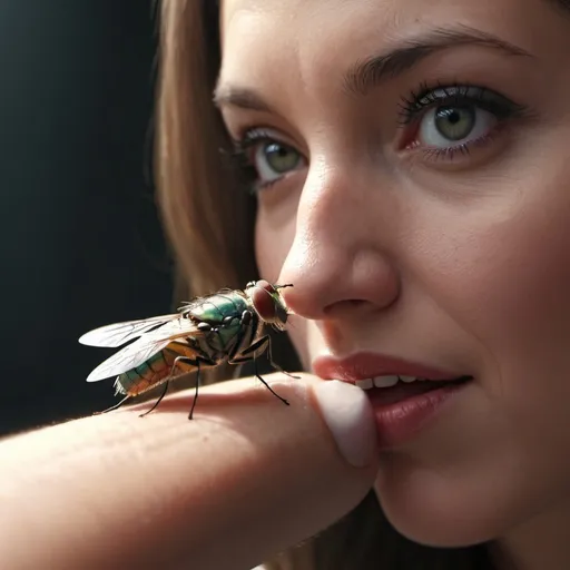 Prompt: Two fly made love and woman watching it, 4k, UHD, photorealistic image 