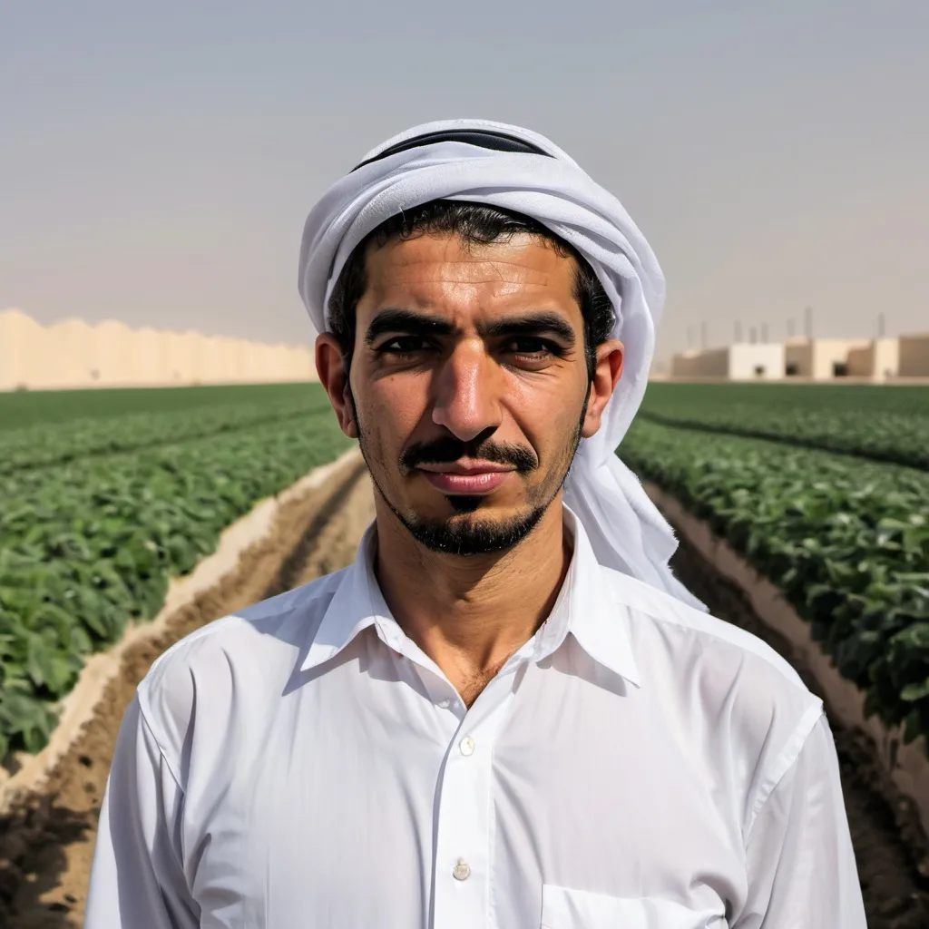 Prompt: Bahraini farmer wearing white shirt in his farm
