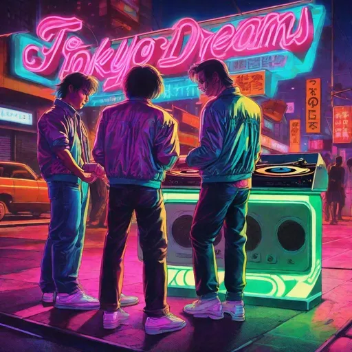 Prompt: retro 80s art, 2 men with turntables preform on sidewalk beside neon sign that says "Tokyo Dreams", retro art, synthwave, city view in the background, highly detailed,