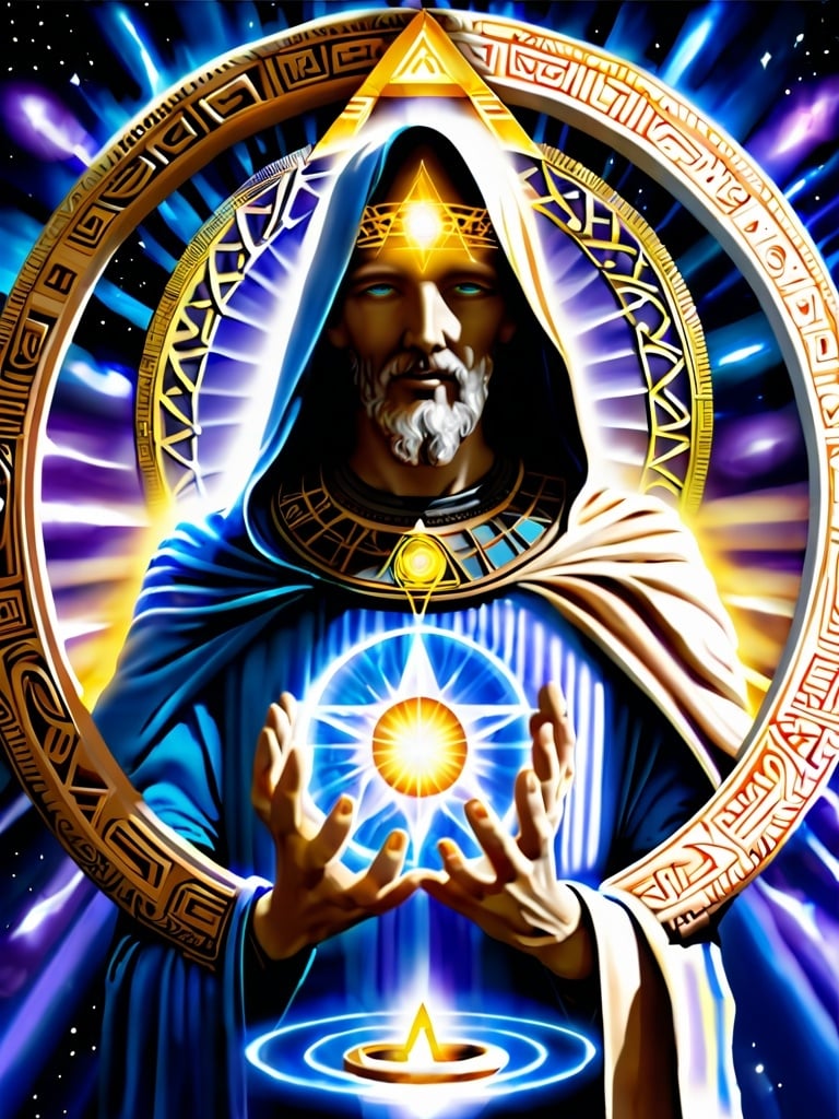 Prompt: Ancient hermetic keeper of light opens the stargate