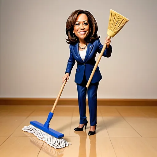 Prompt: Kamala Harris mopping the floor with Donald Trumps as a bobble head on mop stick
