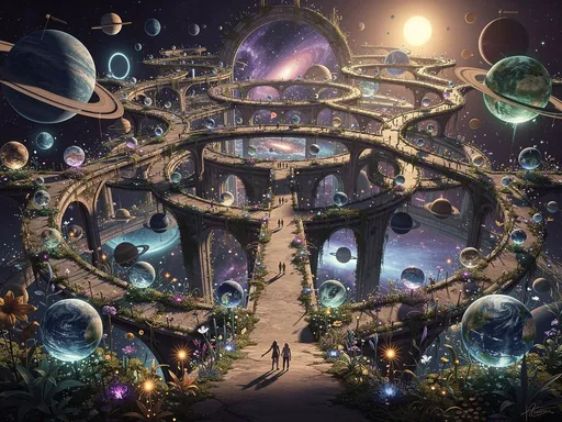 Prompt: A maze of a multi-dimensional Garden of Planets. 