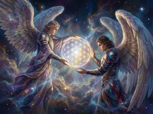 Prompt: Archangel Gabriel gifts the flower of life to Archangel Michael in the mists of the cosmos.