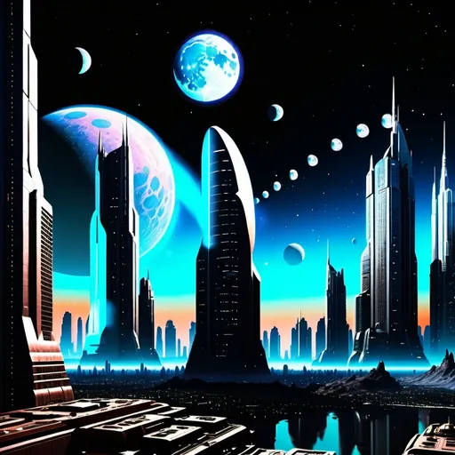 Prompt: Enormous city on a distant planet, towering skyscrapers, cinematic lighting, moons orbiting in the sky.