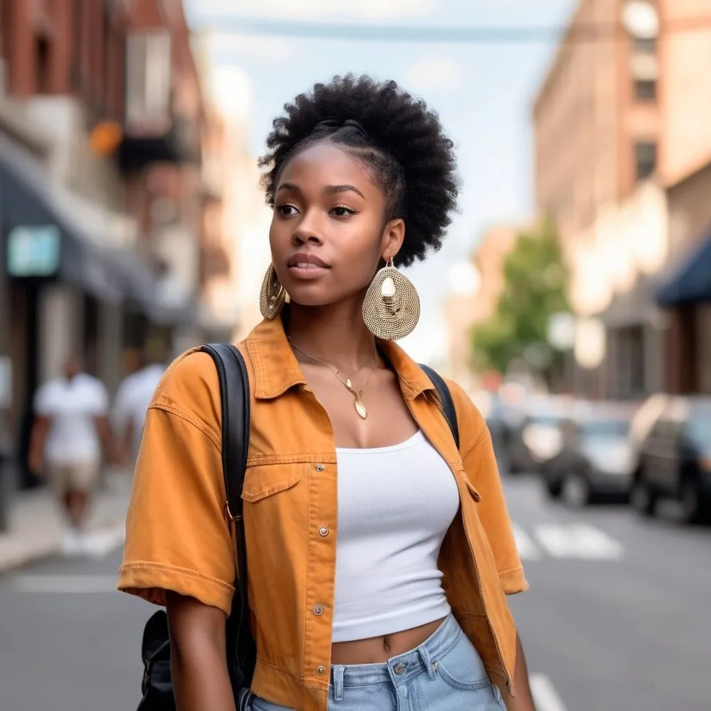 Prompt: Create a high quality photo of a young, Africa American woman wearing trendy street fashion in the summer. The background should be of a city, but blurred.