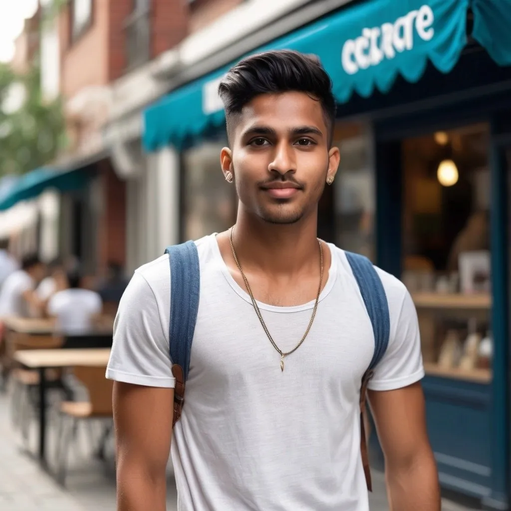 Prompt: Create a high quality photo of a young, East Indian man wearing trendy street fashion in the summer. The background should be of a cafe, but blurred.