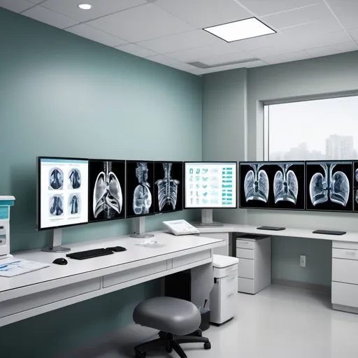 Prompt: The image features a sleek, modern medical office setting with a large screen or monitor prominently displayed. On the screen, there are various medical images such as X-rays, CT scans, or MRIs. Overlaid on these images are vibrant digital analysis overlays, indicating areas of interest or abnormalities. The text "AI" is integrated seamlessly into the design, appearing as if it's part of the digital analysis interface.

Around the screen, there are subtle elements suggesting a medical environment, such as stethoscopes, medical charts, or a doctor's coat hanging on a chair. The lighting in the room is soft and inviting, creating a professional atmosphere.

This image effectively conveys the concept of AI being used for medical image analysis and diagnosis in a modern healthcare setting, making it suitable for pitching in a PowerPoint presentation.