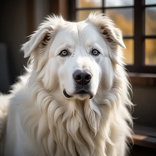 Prompt: A majestic white Maremma dog, fluffy coat flowing, soulful dark eyes, large in size, regal posture, serene expression, realistic art style, natural lighting, soft shadows, high detail. I want a pixar style image