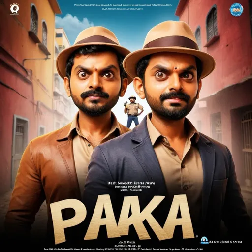 Prompt: A movie poster with two animated mens with hat in a hassle background like a detective agent. Movie name as pakka. 
Written and directed by as Karthi & Prem