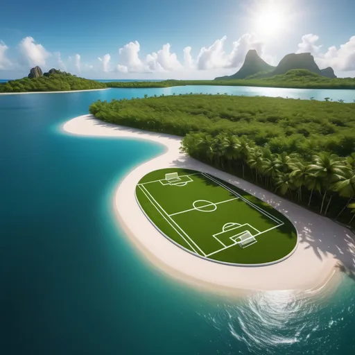 Prompt: Soccer field in a private island with incredible landscape, and vibrant sun