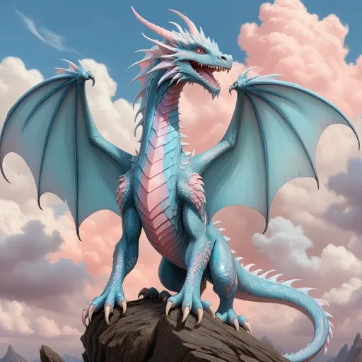 Prompt: A slender dragon named Dreamfyre with pale blue scales and silver markings, silver crests and pale blue wings, almost pink like coral color scales along with the pale baby blue scales, towering in the sky as clouds form around it, giant dragon