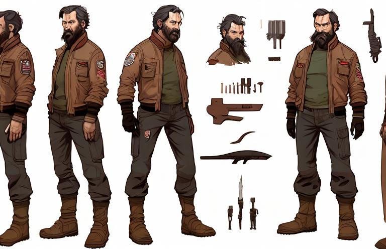 Prompt: a full body turn around, concept art, character design sheet, sketches of a futuristic space engineer. unshaven, short beard, greasy medium length dark hair, stained dirty clothing, red dusty bomber style jacket with pockets, cargo pants with utility belt and tools, pouches. designed for a tv animation or action comic book.